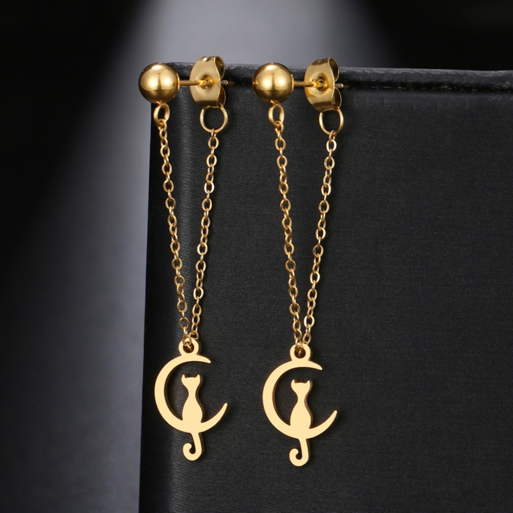 Lightweight Dangle Moon Cat Earrings